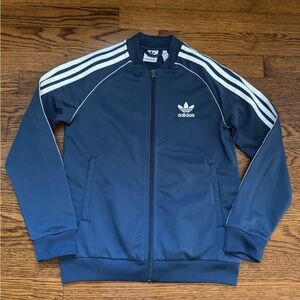 Adidas Classic 3 Stripe Navy Track Jacket. Size Small/ 9/10 years.